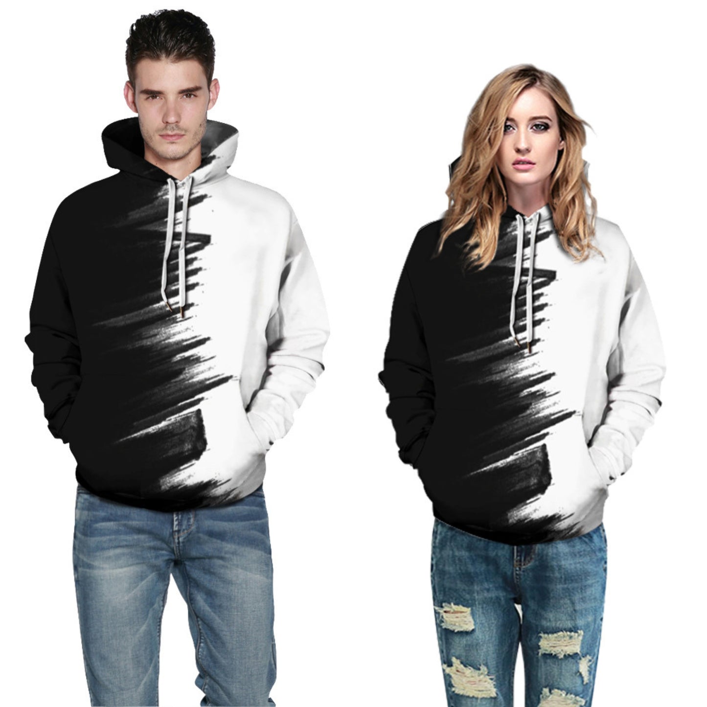 Black and White Unisex Full Print Polyester Pullover Sweatshirt Hoodie