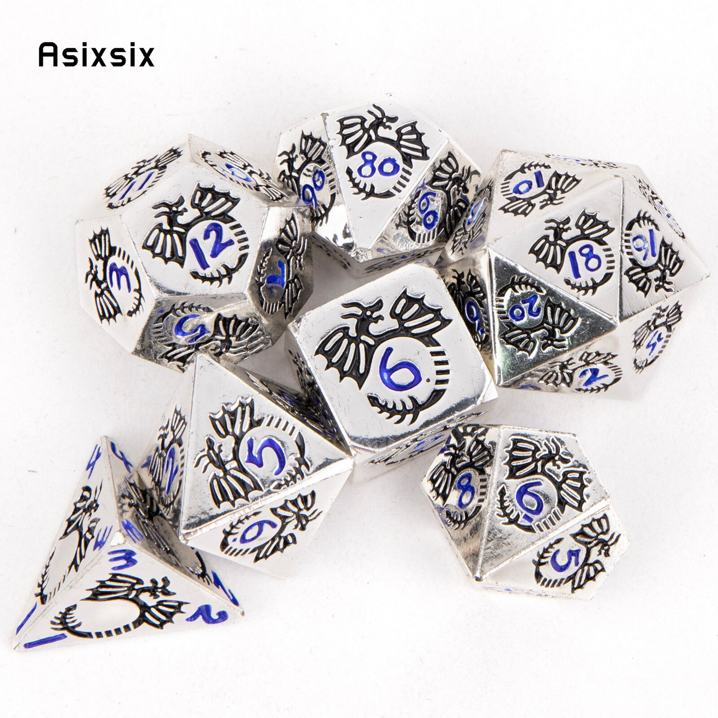 Asixsix 7 Pcs Black Dragon White Solid Metal Dice Set