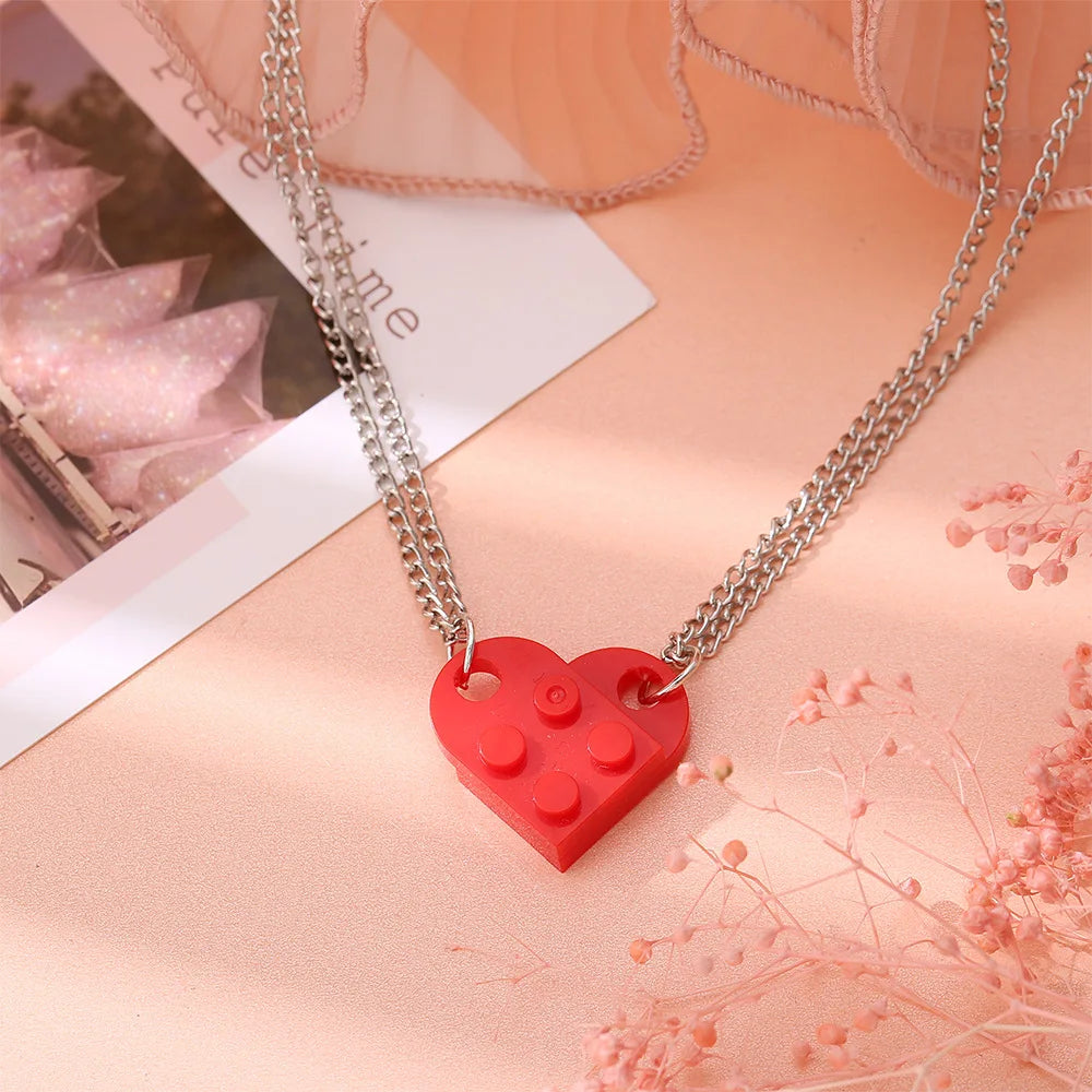 2 Pcs Heart Brick Couple's Love Necklace Set