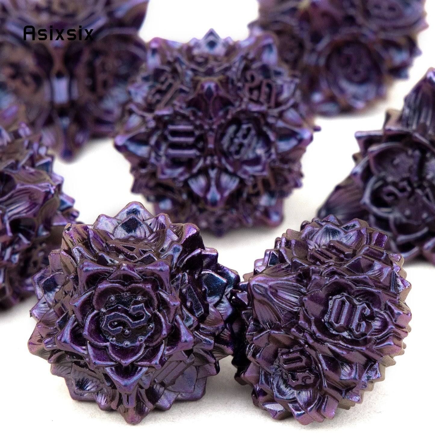 7 Pcs Purple Black Lotus Flower Solid Metal Dice Set
