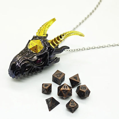 Mini Antique Iron Dice Set and Stainless Steel Dragon Necklace Pendant Set