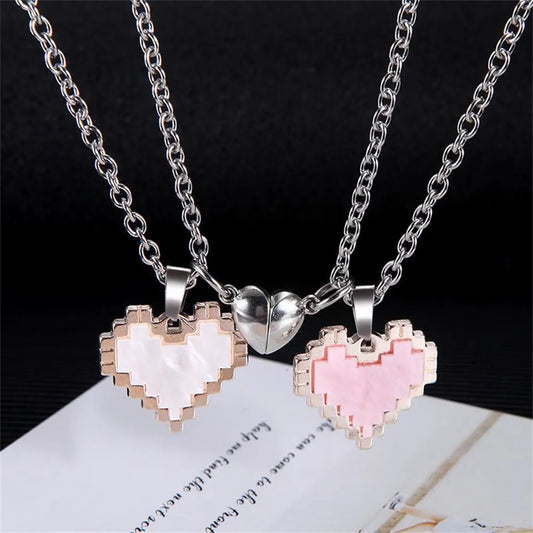 Pair of Magnetic Couple's Pixel Heart Pendant Necklaces