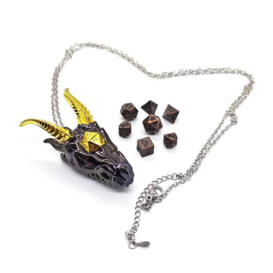 Mini Antique Iron Dice Set and Stainless Steel Dragon Necklace Pendant Set