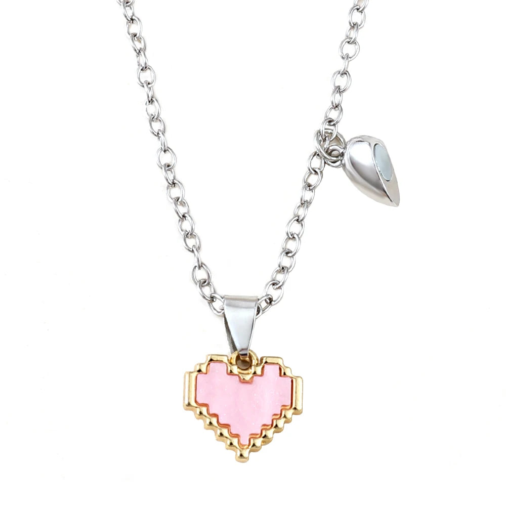 Pair of Magnetic Couple's Pixel Heart Pendant Necklaces