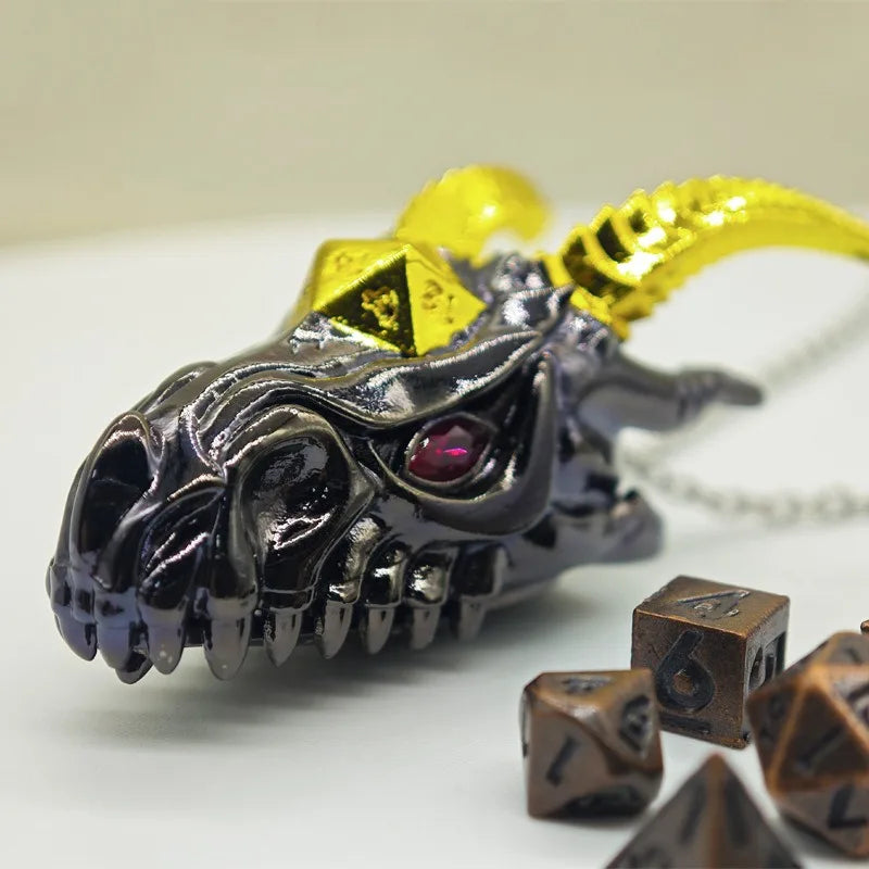 Mini Antique Iron Dice Set and Stainless Steel Dragon Necklace Pendant Set