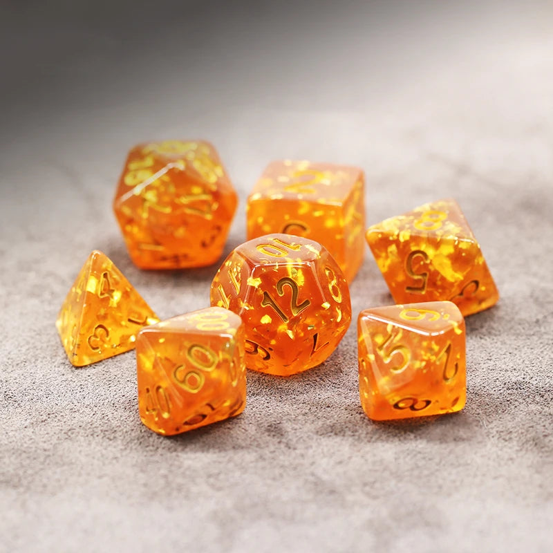 7 Pcs Acrylic Silver Foil Orange Crystal Dice Set